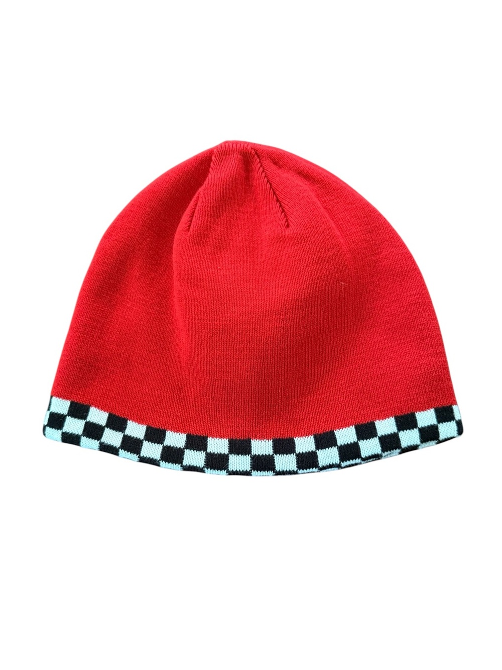 VTG Red Beanie White Black Checkerboard Reversible Toque Adult Winter Hat Skater